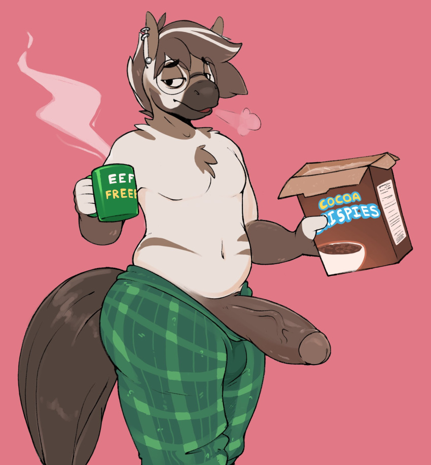 2019 anthro big_penis biped bottomwear breath_cloud brown_body brown_fur brown_hair casual_exposure cereal_box chest_tuft clothed clothing digital_drawing_(artwork) digital_media_(artwork) ear_piercing english_text equid equine eyebrow_through_hair eyebrows eyewear foreskin fur genitals glasses green_bottomwear green_clothing green_pants hair hi_res holding_object humanoid_genitalia humanoid_penis looking_at_viewer male male_only mammal mug multicolored_body multicolored_fur multicolored_hair narrowed_eyes navel open_mouth pants pattern_bottomwear pattern_clothing pattern_pants penis piercing pink_background plaid plaid_bottomwear plaid_clothing plaid_pants psydoux simple_background slightly_chubby slightly_chubby_anthro slightly_chubby_male solo steam striped_body striped_fur stripes tail text topless topless_male translucent translucent_hair tuft two_tone_body two_tone_fur two_tone_hair urethra vein veiny_penis white_body white_fur white_hair zebra zeeb_(psydoux)