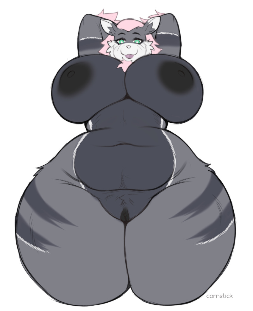 anthro arcanine big_breasts breasts cornstick female fur generation_1_pokemon genitals green_eyes grey_body grey_fur hi_res huge_breasts lips low-angle_view nintendo pokemon pokemon_(species) pussy ribbon_(bowhuskers) slightly_chubby solo thick_thighs