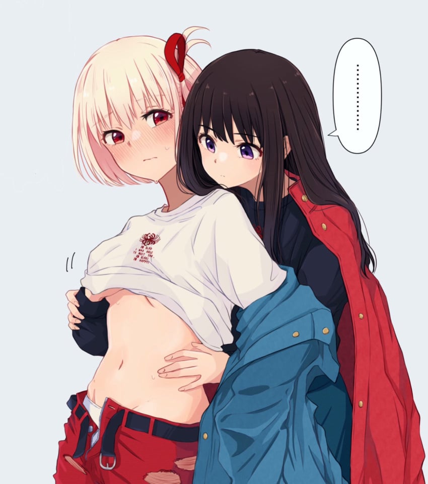 ... 2girls belt black_belt black_hair blonde_hair blue_jacket blush closed_mouth futaba_(rei-futaba) grabbing grabbing_another's_breast grabbing_from_behind groping hair_ribbon hand_under_clothes hand_under_shirt highres inoue_takina jacket long_hair lycoris_recoil multiple_girls navel nishikigi_chisato open_clothes open_jacket purple_eyes red_eyes red_ribbon ribbon shirt short_hair simple_background speech_bubble spoken_ellipsis stomach upper_body white_shirt yuri