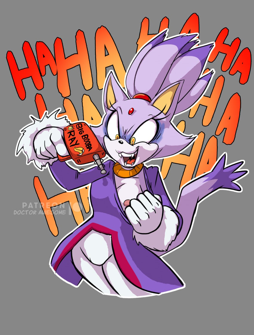 anthro blaze_the_cat breast_envy breasts clothed clothing crazy_eyes digital_media_(artwork) felid feline female flashing flashing_breasts fur gem gloves hair handwear hi_res laugh mammal maniacal_laughing nipples open_mouth ponytail purple_body purple_fur sega simple_background solo sonic_(series) sonic_the_hedgehog_(series) tail thebigbadwolf01