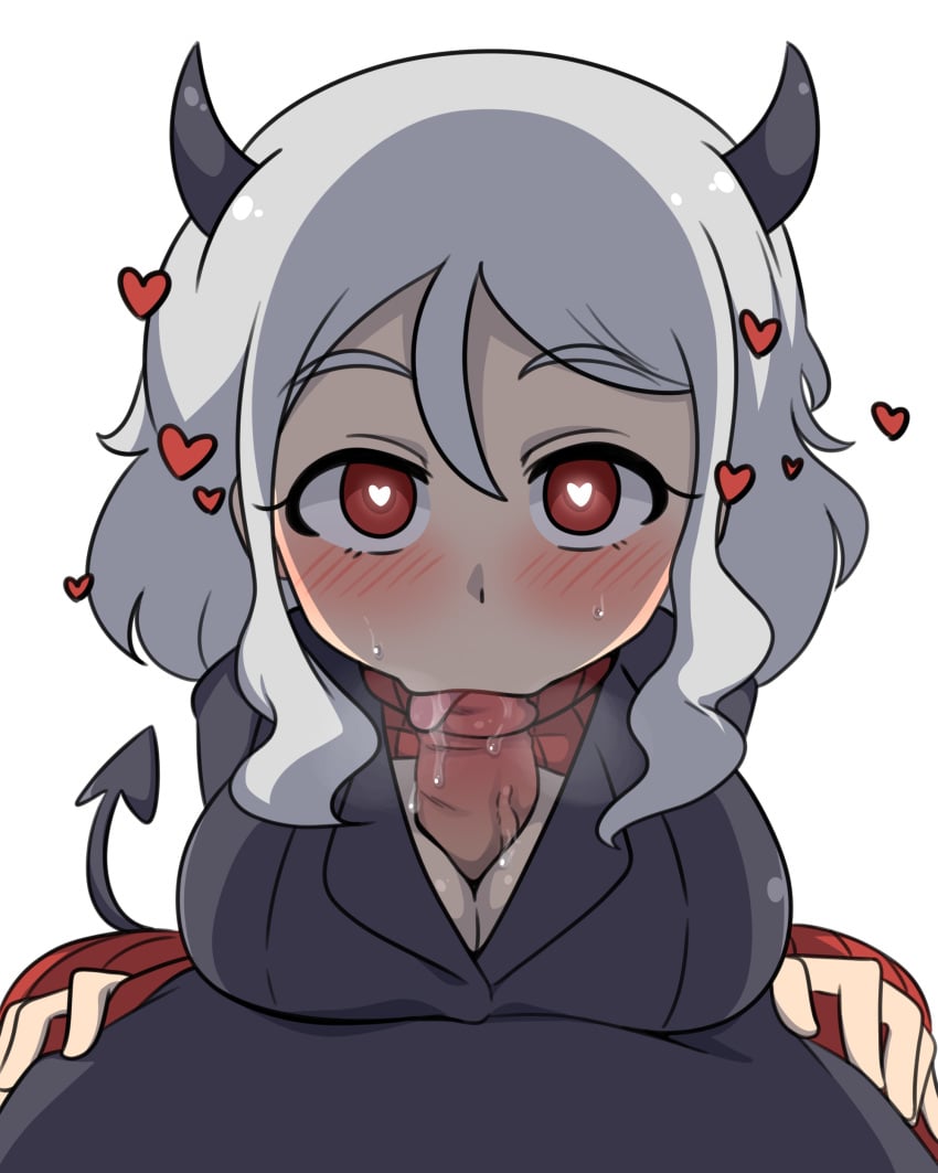 <3_eyes 1boy 1girls 4:5 absurd_res basuke basukechi big_breasts black_horn blush bodily_fluids breasts clothing demon duo fellatio female genitals hair heart helltaker hi_res horn humanoid male modeus_(helltaker) oral paizuri paizuri_under_clothes penis red_eyes saliva sex simple_background spade_tail straight tongue white_background white_hair