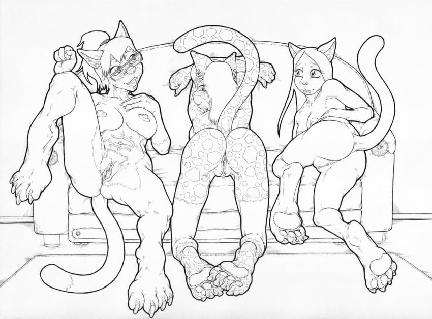 2023 age_difference all_fours anthro areola ass belly_tattoo big_breasts biped black_and_white breasts claws clitoris coyotek daughter_(lore) digitigrade domestic_cat ear_piercing ear_ring eye_contact eyewear eyewear_only facial_piercing felid feline felis female furniture genitals geno_e._vefa_(coyotek) glasses glasses_only group hair inside line_art lip_piercing long_hair looking_at_another looking_at_viewer looking_back looking_back_at_viewer lying lying_on_sofa mammal mature_female monochrome mother_(lore) mother_and_child_(lore) mother_and_daughter_(lore) nika_(coyotek) nipples nude older_female on_back on_side on_sofa open_mouth parent_(lore) parent_and_child_(lore) parent_and_daughter_(lore) pawpads piercing ponytail presenting presenting_hindquarters presenting_pussy pussy raised_leg raised_tail ring_piercing small_breasts sofa spots spotted_body sun_(coyotek) tail tattoo toe_claws trio younger_female