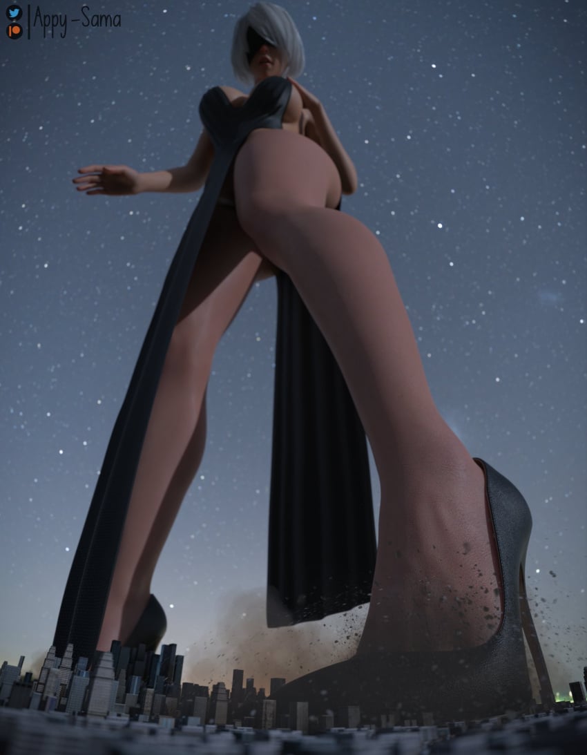 1girls 3d appy-sama big_breasts blindfold breasts city clothing destruction female female_only giantess high_heels light-skinned_female light_skin low-angle_view macro nier nier:_automata short_hair solo white_hair yorha_2b