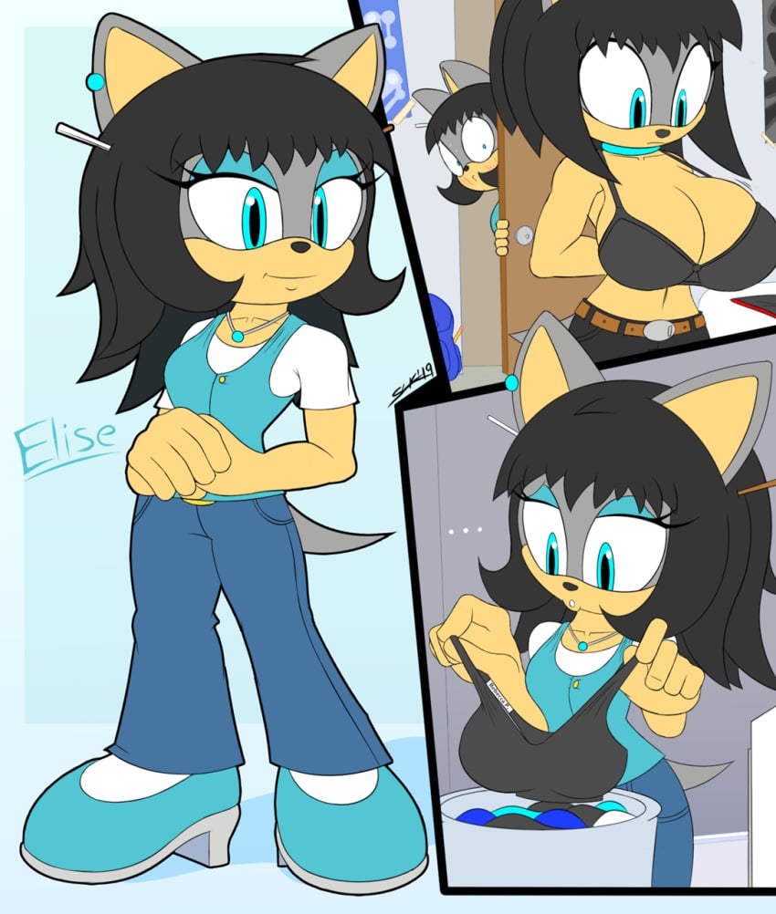 2girls anthro big_breasts black_hair blue_eyes blush bra breasts daughter elise_(slickehedge) fan_character female_only furry holding_bra holding_underwear huge_breasts large_breasts makia_(slickehedge) milf mobian_(species) mother mother_and_daughter oc short_hair slickehedge sonic_(series) sonic_oc sonic_the_hedgehog_(series) underwear