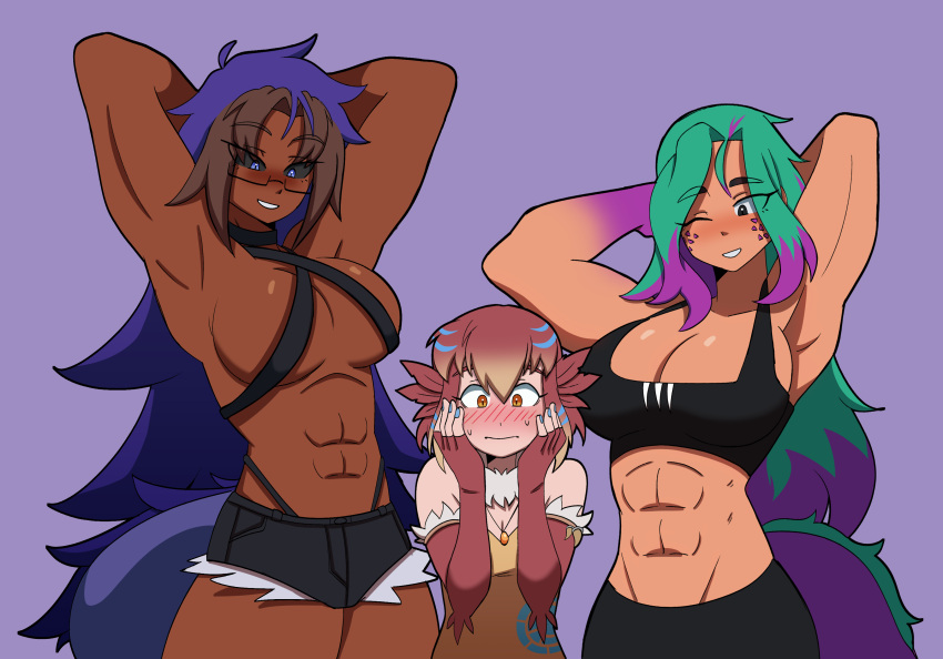 abs alyxandasaur amber_eyes biceps blue_hair blush dark-skinned_female dark_sclera diana_sora female female/female female_only flexing flustered genderswap_(mtf) green_hair height_difference kemonomimi muscle_girl muscular muscular_female red_hair rule_63 shorts size_difference sling_bikini_top sports_bra teal_hair threesome tyr_tyrant yuri