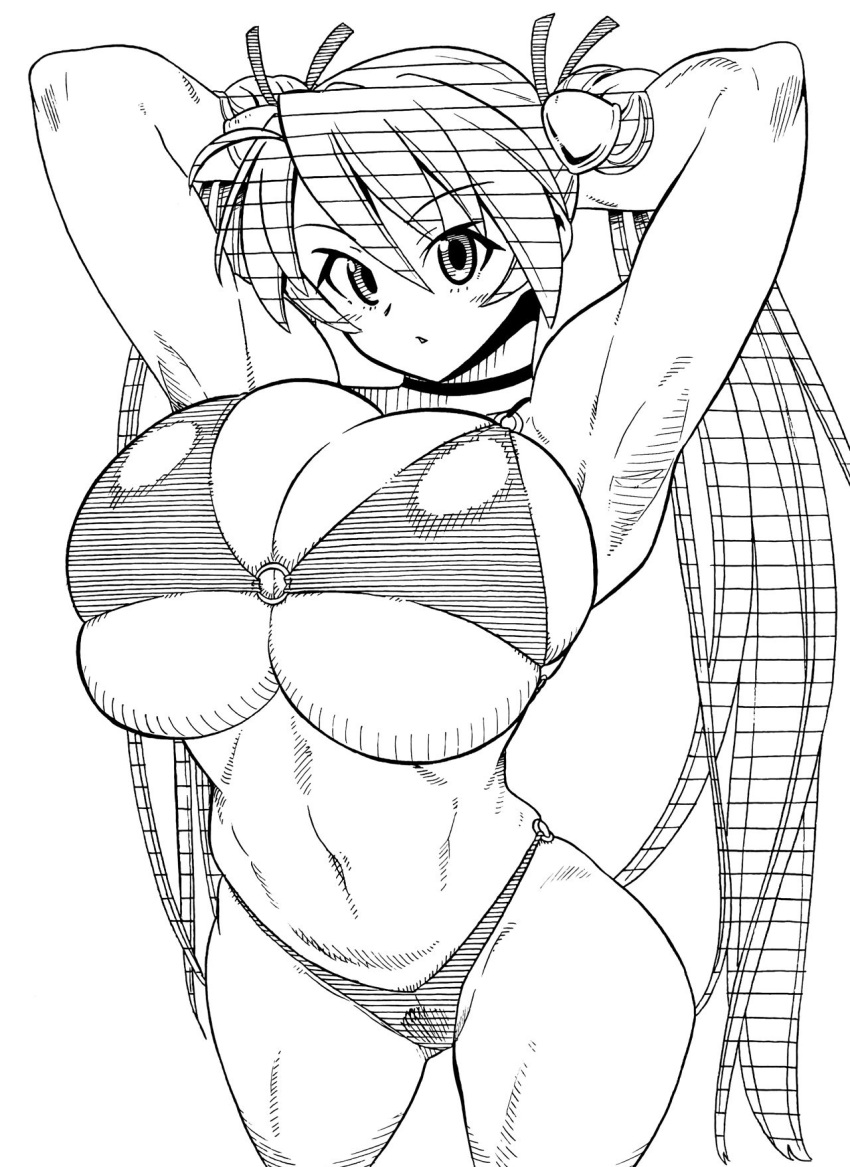 arms_behind_head arms_up big_breasts bikini bimbo breasts gigantic_breasts highres hokuto_(tokuho) huge_breasts kagurazaka_asuna large_breasts long_hair looking_at_viewer mahou_sensei_negima mahou_sensei_negima! massive_breasts monochrome swimsuit twintails very_long_hair