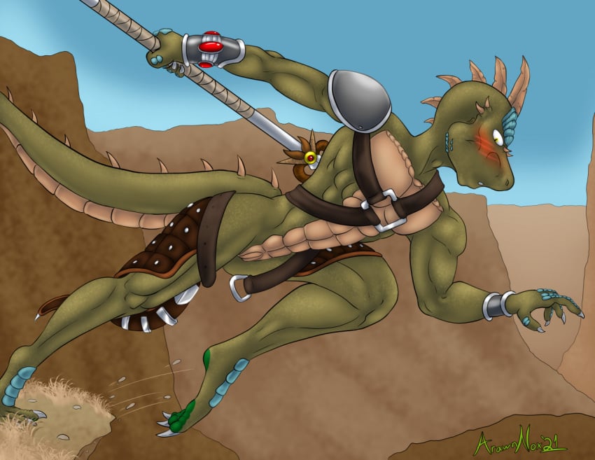 abs animal_genitalia anthro arawnnox armor barbarian belt blue_body blue_skin blush bottomwear bracelet clothing desert embarrassed genital_slit genitals green_body green_skin horn jewelry loincloth male medieval_clothing melee_weapon muscular muscular_anthro muscular_male polearm reptile reptile_cynrik scales scalie slit solo spear wardrobe_malfunction weapon