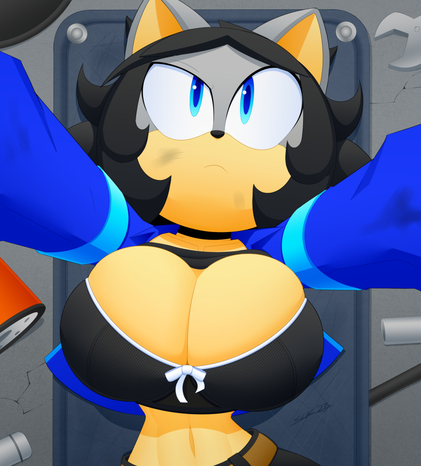 1girls anthro big_breasts black_hair blue_eyes breasts fan_character female female_focus fixing furry huge_breasts large_breasts makia_(slickehedge) mechanic mobian_(species) oc short_hair slickehedge solo solo_female sonic_(series) sonic_oc sonic_the_hedgehog_(series)