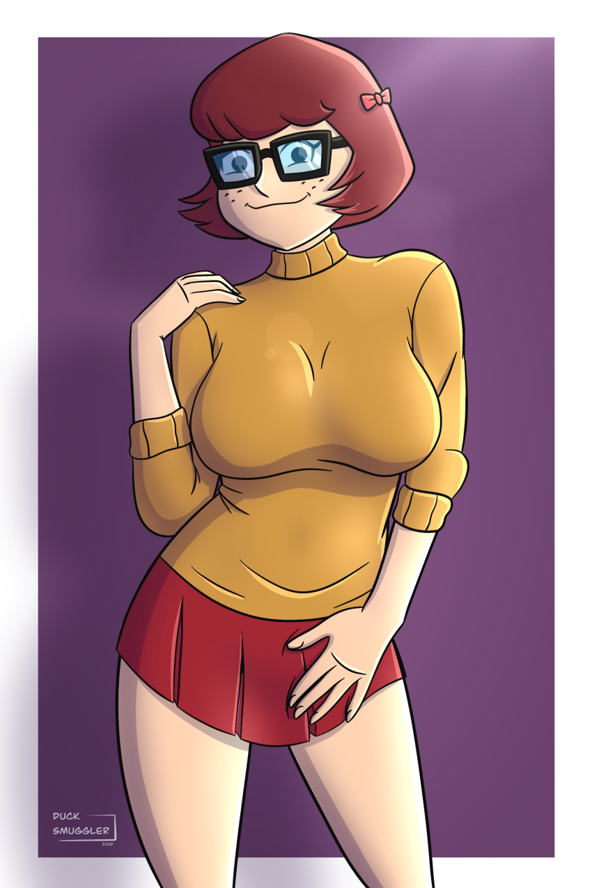 1girls big_breasts breasts duck_smuggler female female_only hanna-barbera lingerie naked naked_female nerd pussy red_hair scooby-doo skimpy skirt solo solo_female tight_clothing velma_dinkley