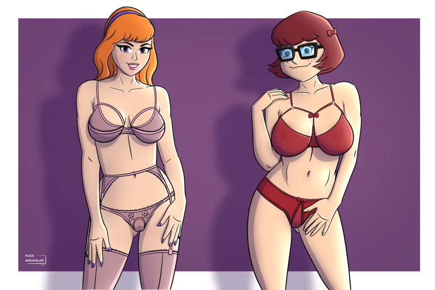 2girls big_breasts breasts daphne_blake duck_smuggler duo duo_female hanna-barbera lingerie naked naked_female navel nerd pussy red_hair scooby-doo skimpy skirt tight_clothing velma_dinkley