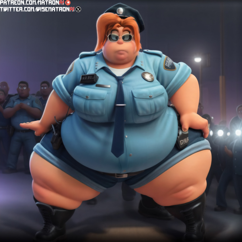 4k ai_generated bbw belly big_belly big_breasts dreamworks fat_woman female female_only highres massive_thighs matronai_(artist) mature mature_female misty_luggins obese obese_female overweight overweight_female patreon patreon_username pinup police police_uniform policewoman red_hair ssbbw stable_diffusion the_bad_guys thick_legs thick_thighs twitter_username wide_hips