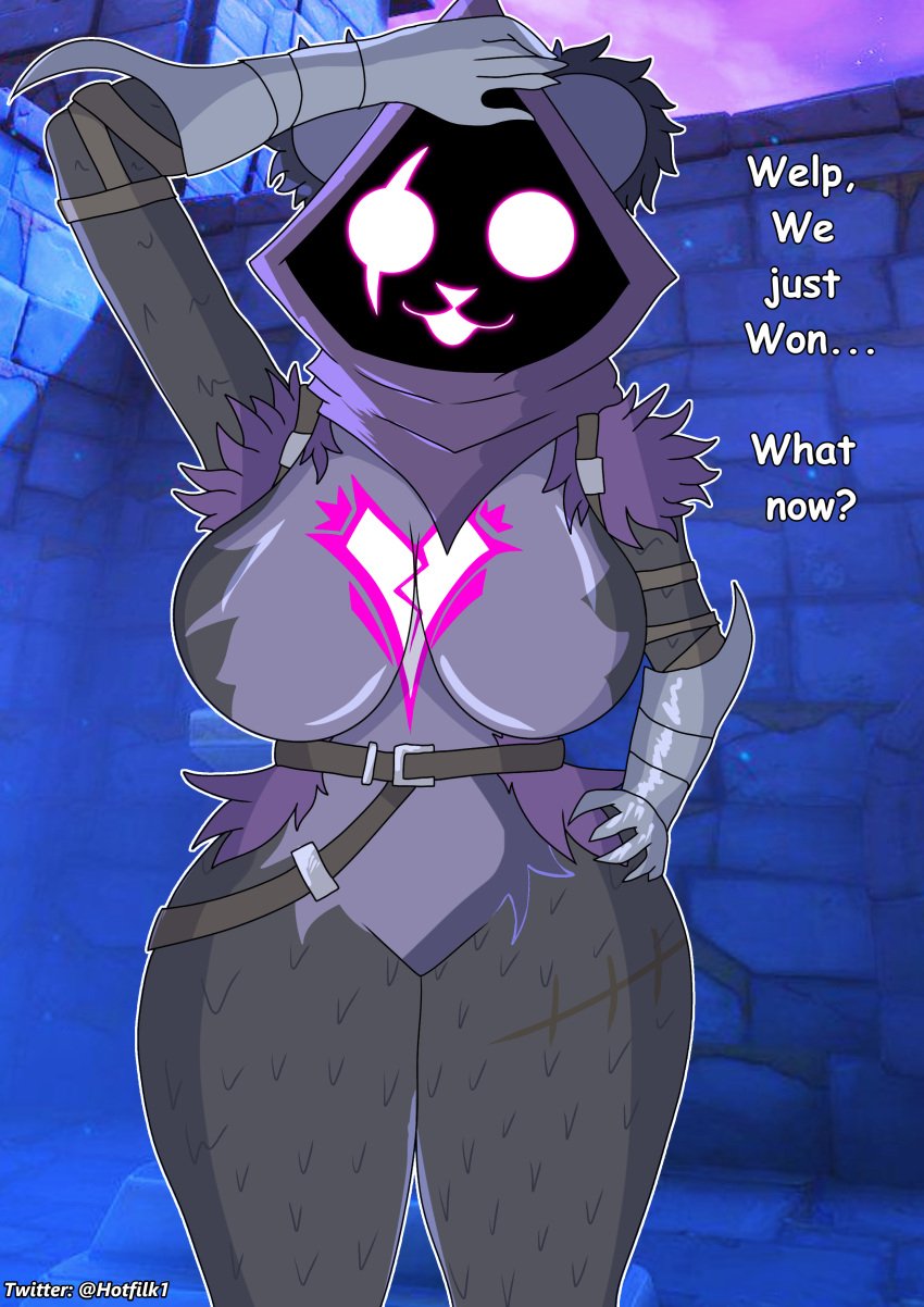 anthro bear bear_girl belt breasts clothing eye_scar feathers fortnite fortnite:_battle_royale fur furry furry_female furry_only gloves hood hotfilk purple_body purple_fur raven_team_leader raven_team_leader_(fortnite) smile solo thick_ass thick_legs thick_thighs