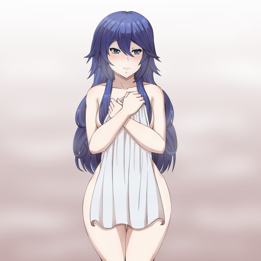 1girls bare_thighs blue_eyes blue_hair breasts covering embarrassed female female_only fire_emblem fire_emblem_awakening frown long_hair looking_away lucina_(fire_emblem) naked_towel nervous nintendo nude nude_female solo steam symbol-shaped_pupils thighs towel very_long_hair zerocgm