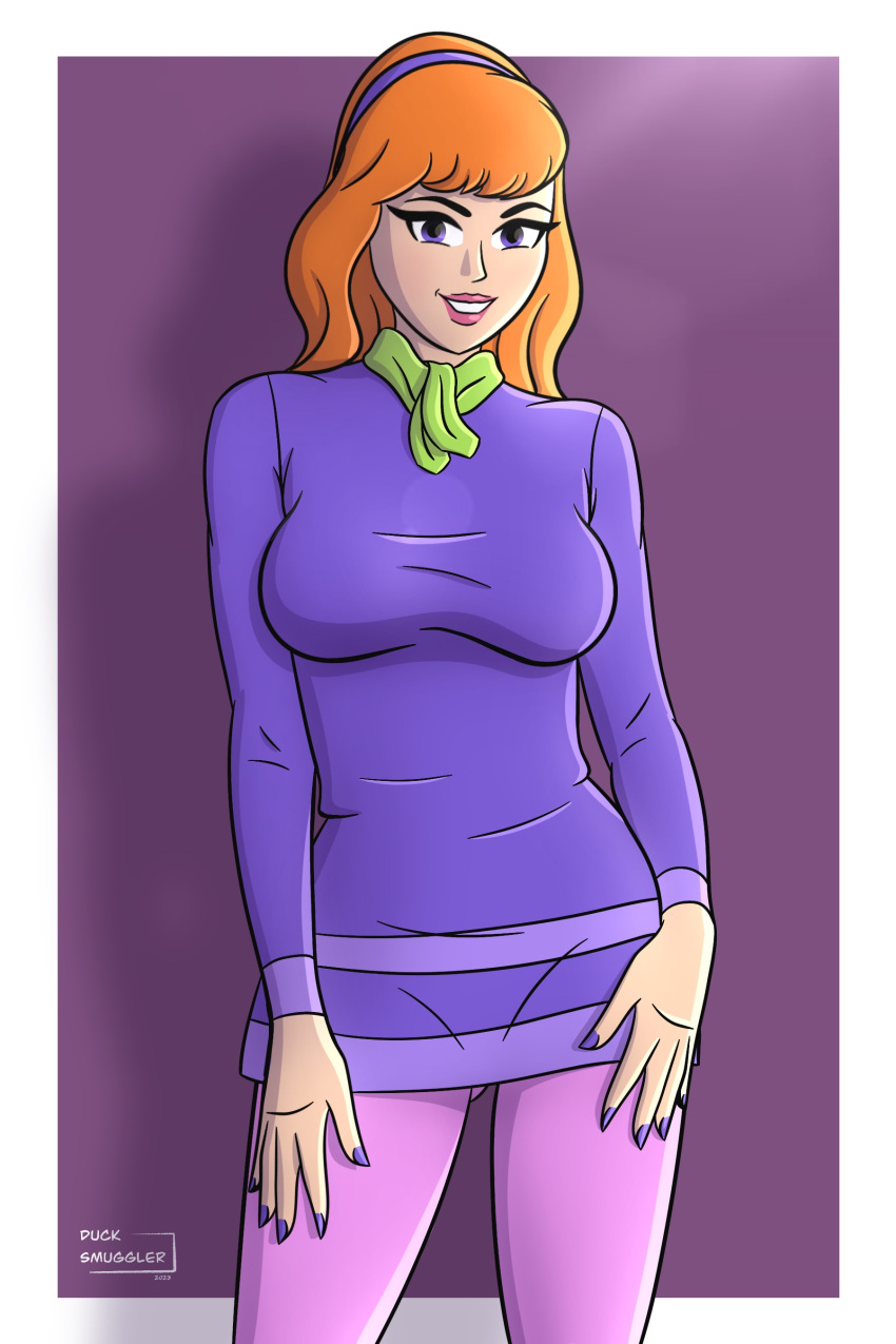 1girls 2023 artist_name big_breasts clothed daphne_blake daphne_blake_(mystery_incorporated) duck_smuggler female female_only fully_clothed hairband painted_nails pinup purple_eyes red_hair scooby-doo scooby-doo!_mystery_incorporated solo tight_clothing