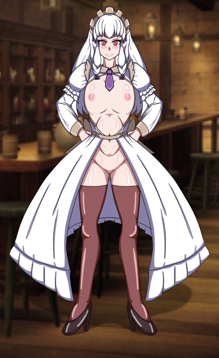 1girls adapted_costume alternate_costume ass_visible_through_thighs bangs bar bar_(place) bare_midriff bare_thighs blush breasts breasts_out confident dress female female_only female_pubic_hair fire_emblem fire_emblem:_three_houses fire_emblem_heroes full_body high_heels indoors long_hair long_sleeves looking_at_viewer lysithea_von_ordelia lysithea_von_ordelia_(tea_party) maid maid_headdress midriff nintendo nipples official_alternate_costume okawari_muryou pink_eyes pubic_hair revealing_clothes small_breasts smile solo standing thighhighs thighs waitress white_hair