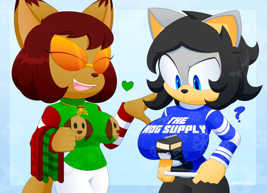 2girls anthro big_breasts black_hair breasts brown_hair christmas_sweater fan_character furry glasses huge_breasts large_breasts makia_(slickehedge) mia_(slickehedge) short_hair slickehedge sonic_(series) sonic_oc sonic_the_hedgehog_(series) sweater