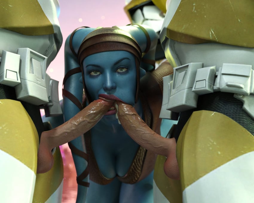 1girls aayla_secura alternate_version_available blender blowjob double_blowjob drinkerofskies female hi_res male multiple_boys penis star_wars threesome two_dicks_one_mouth