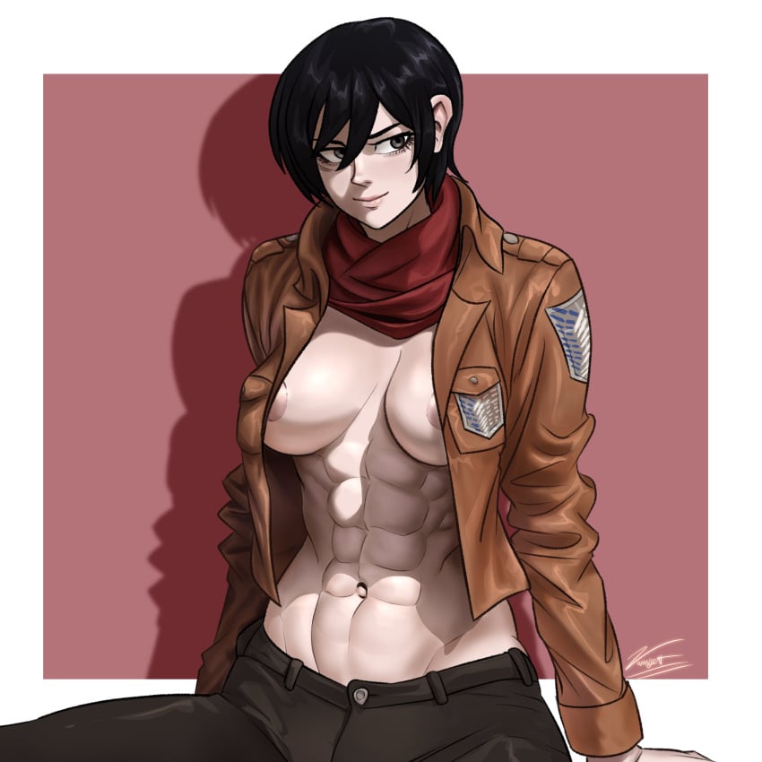 1girls 2023 abs areola_slip attack_on_titan black_eyes black_hair breasts female female_only fit fit_female inner_sideboob looking_at_viewer mikasa_ackerman open_jacket scarf shingeki_no_kyojin short_hair sitting smiling smiling_at_viewer solo survey_corps_(emblem) toned toned_female very_high_resolution zanyert