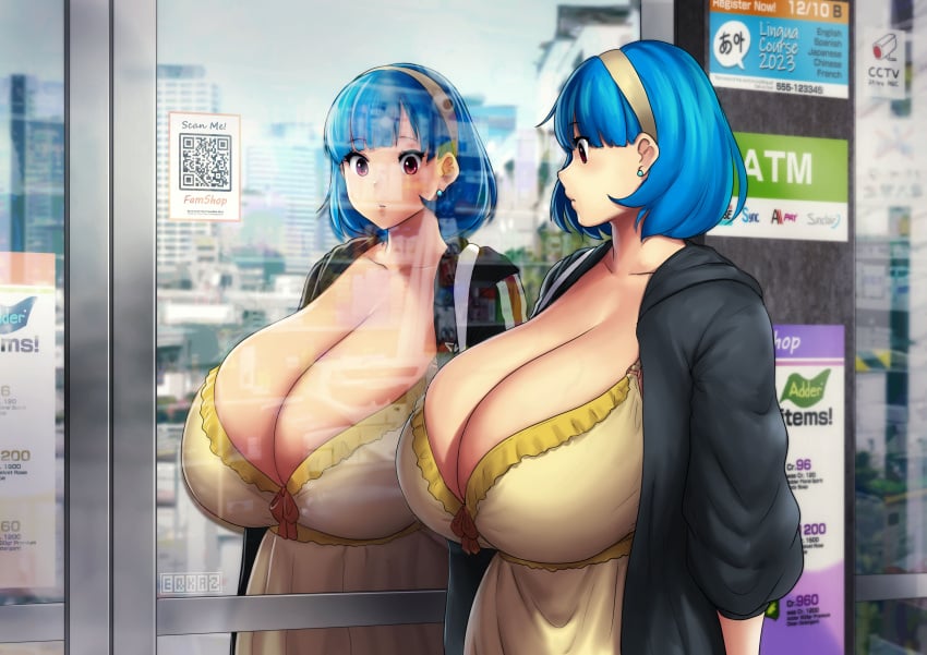 1girls big_breasts blue_hair breasts breasts_bigger_than_head breasts_bigger_than_torso cleavage clothed clothed_female earrings enormous_breasts errorkazoo female female_only gigantic_breasts huge_breasts human human_female hyper hyper_breasts kazoo large_breasts looking_at_reflection massive_breasts reflection rina_atherina_(errorkazoo) solo solo_female tagme top_heavy top_heavy_breasts upper_body