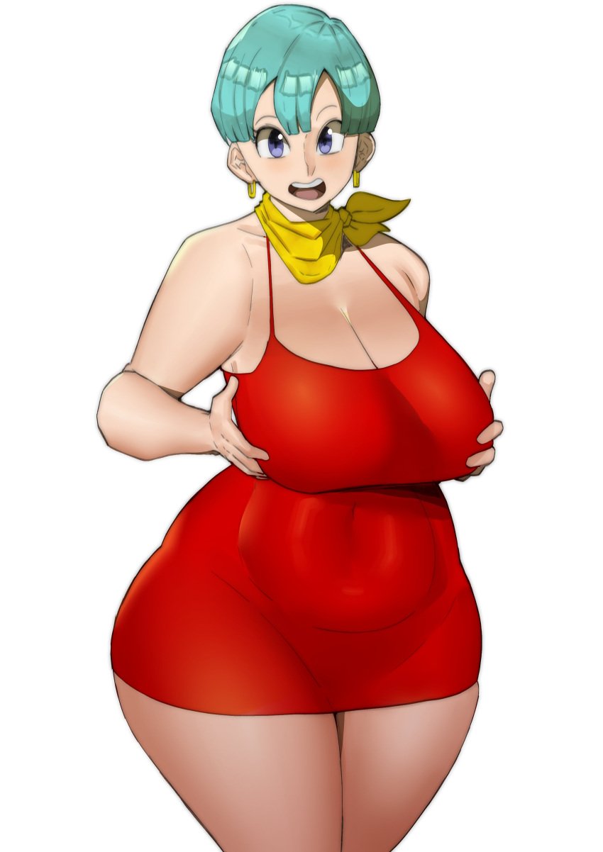 big_breasts blue_hair breasts bulma_(dragon_ball) bulma_briefs cleavage doublehero dragon_ball dragon_ball_z massive_thighs red_dress tagme thick_thighs thunder_thighs