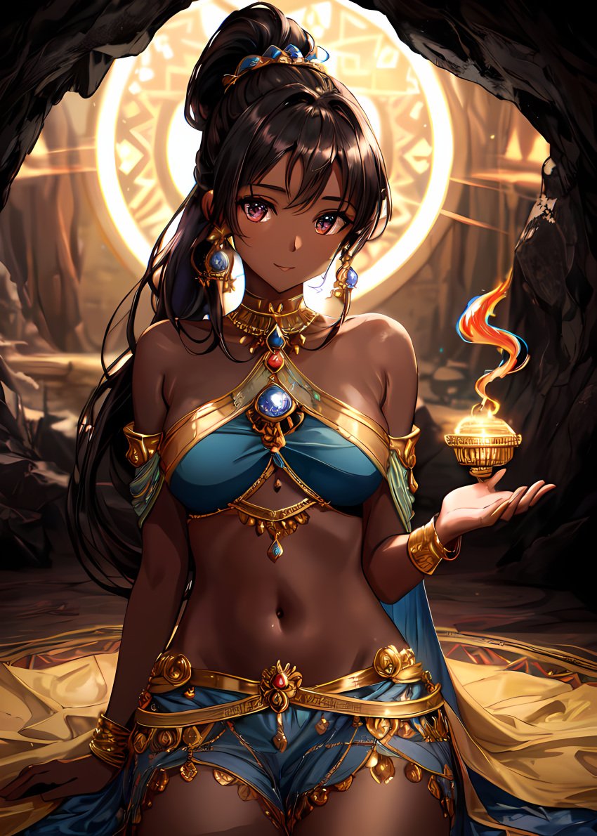 ai_generated bare_arms bare_legs bare_midriff bare_shoulders bare_thighs belly_button black_hair blue_bra blue_earrings blue_loincloth blue_silk bracelet collar dark-skinned_female dark_skin earrings gold_(metal) gold_bracelets gold_collar gold_jewelry golden_bracelets golden_collar jewelry loincloth long_hair metal_collar midriff navel oc original_character pink_eyes silk_clothing skirt tied_hair torch