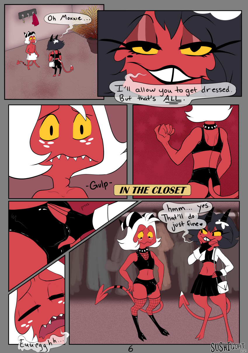 2021 absurd_res anthro black_hair bulge clothing comic demon dialogue digital_media_(artwork) duo english_text female hair helluva_boss hi_res horn humanoid imp male male/female millie_(helluva_boss) moxxie_(helluva_boss) page_6 red_body smile speech_bubble sushigoat text white_hair yellow_sclera