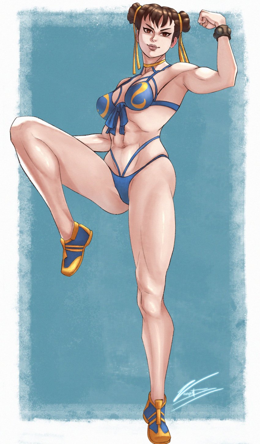 1girls 2023 bent_leg bikini brown_eyes brown_hair capcom chun-li female female_only flexing_bicep fully_clothed hair_buns lingerie looking_at_viewer smiling smiling_at_viewer solo standing_on_one_leg street_fighter street_fighter_alpha swimsuit twin_buns very_high_resolution zanyert