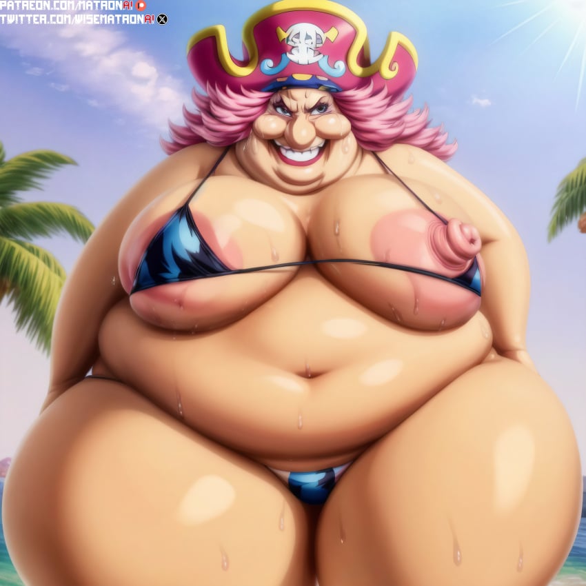 4k ai_generated anime areolae bbw big_belly big_breasts big_mom bikini charlotte_linlin fat fat_woman female female_only highres huge_hips large_breasts looking_at_viewer massive_thighs matronai_(artist) mature mature_female mature_woman nipple_slip nipples nude nude_female obese obese_female one_piece patreon patreon_username pink_hair pinup smile ssbbw stable_diffusion sweat swimsuit thick thick_thighs twitter_username ugly_woman