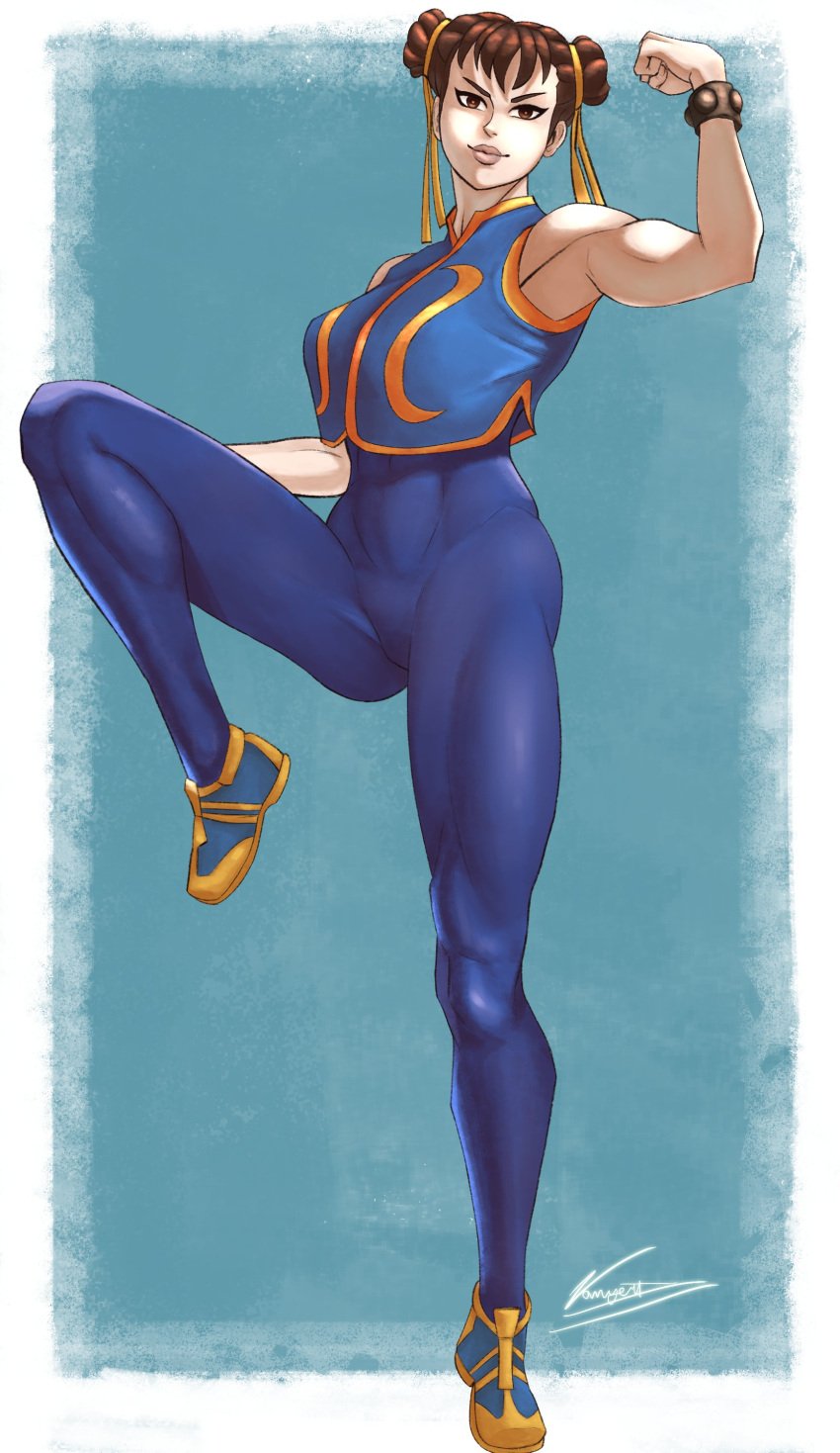 1girls 2023 bent_leg brown_eyes brown_hair capcom chun-li female female_only flexing_bicep hair_buns looking_at_viewer smiling smiling_at_viewer solo sportswear standing_on_one_leg street_fighter street_fighter_alpha twin_buns very_high_resolution zanyert