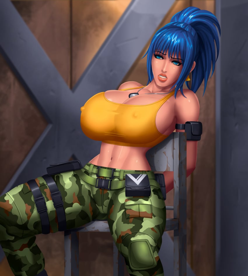 1girls 2d arms_behind_back belly blue_eyes blue_hair bondage camo_clothing camouflage_pants chair cleavage dog_tags earrings erect_nipples huge_breasts king_of_fighters large_breasts leona_heidern nipples ponytail restrained scared shiny_skin snk solo solo_female solo_focus svoidist tactical_gear tank_top thick_thighs thighs tied_hands tight_clothing yellow_topwear