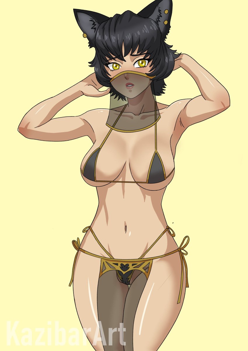 1girls belly_dancer belly_dancer_outfit blush cat_ears catgirl dancer_outfit faunus female_only harem_girl harem_outfit kali_belladonna kazibar navel rwby short_hair solo solo_female tagme veil yellow_eyes