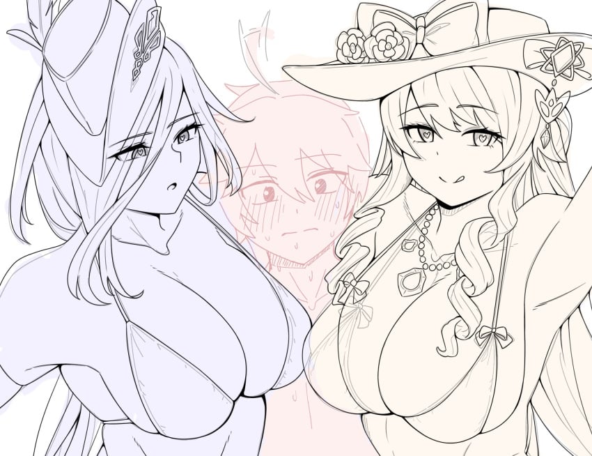 1boy 2girls aether_(genshin_impact) akazuan_19 big_breasts bikini black_and_white blush clorinde_(genshin_impact) color drawing genshin_impact hat heart-shaped_pupils holding horny_female mihoyo navia_(genshin_impact) shy straight taller_girl threesome wip