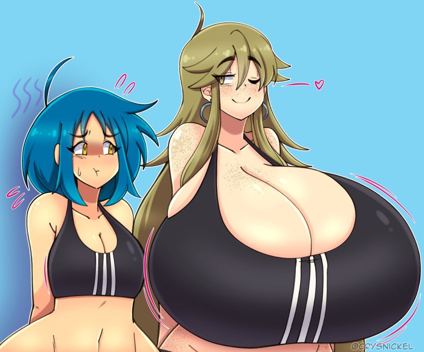 2023 2girls alternate_breast_size big_breasts blue_hair breast_envy breasts brown_hair cleavage crysnickel duo duo_focus earrings erin_(crysnickel) female female_only giant_breasts gigantic_breasts hips hoop_earrings huge_breasts hyper hyper_breasts jealous large_breasts long_hair massive_breasts medium_support_(meme) meme noeh_(crysnickel) short_hair small_breasts sports_bra top_heavy wide_hips