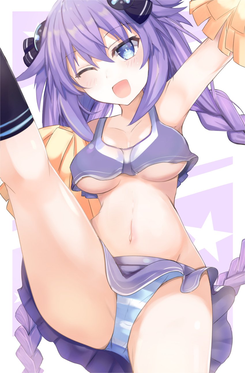 arm_up bimmy blue_eyes blush cheerleader close-up goddess hair_ornament happy legs_apart light-skinned_female long_hair looking_at_viewer neptune_(neptunia) neptunia_(series) one_eye_closed open_mouth panties pom_poms purple_hair purple_heart_(neptunia) skirt_up solo thighs twin_braids underboob