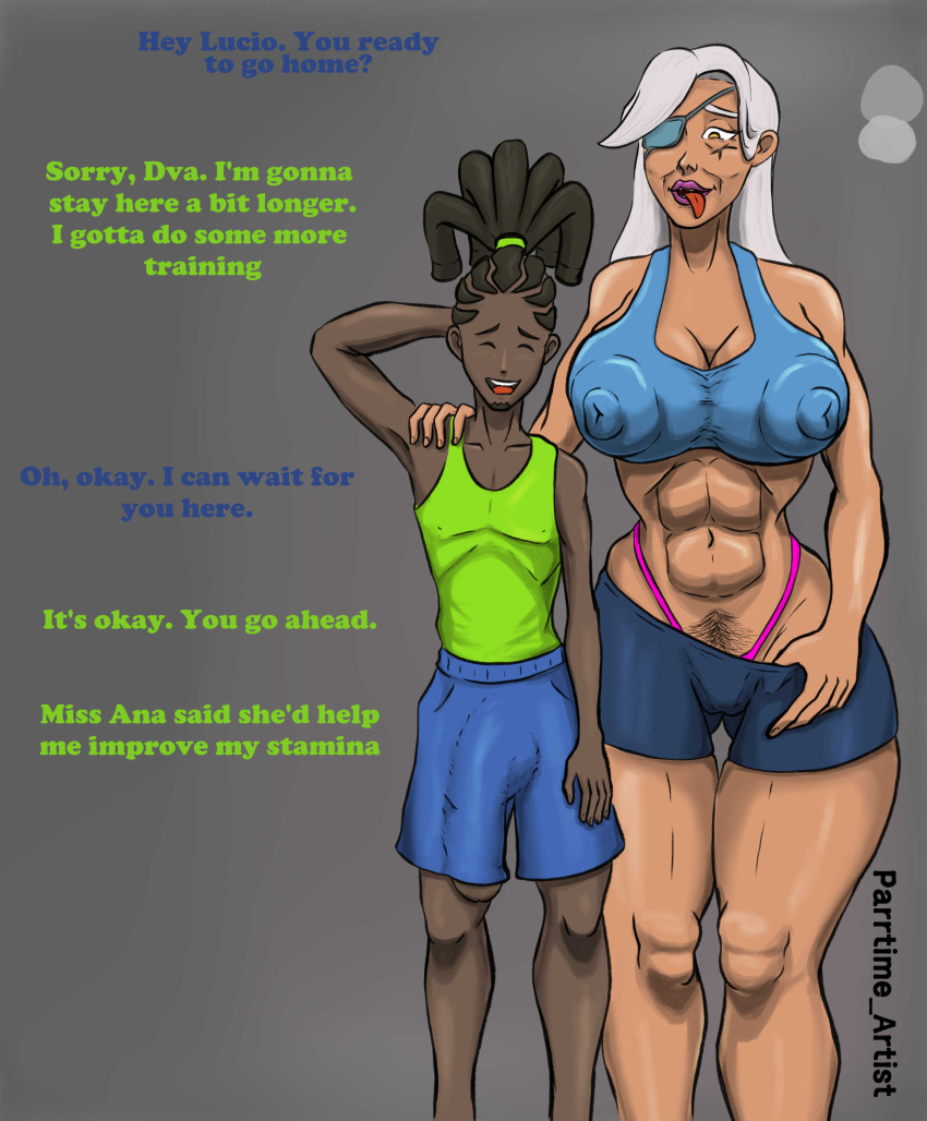 1boy 1girls abs age_difference ana_amari big_breasts big_penis breasts cleavage dark-skinned_female dark-skinned_male dark_skin dialogue eyepatch female gilf height_difference lúcio mature_female nipple_bulge nipple_outline old_ana_amari overwatch overwatch_2 parrtime_artist penis penis_bulge penis_outline pubic_hair pubic_hair_peek size_difference text tongue_out white_hair