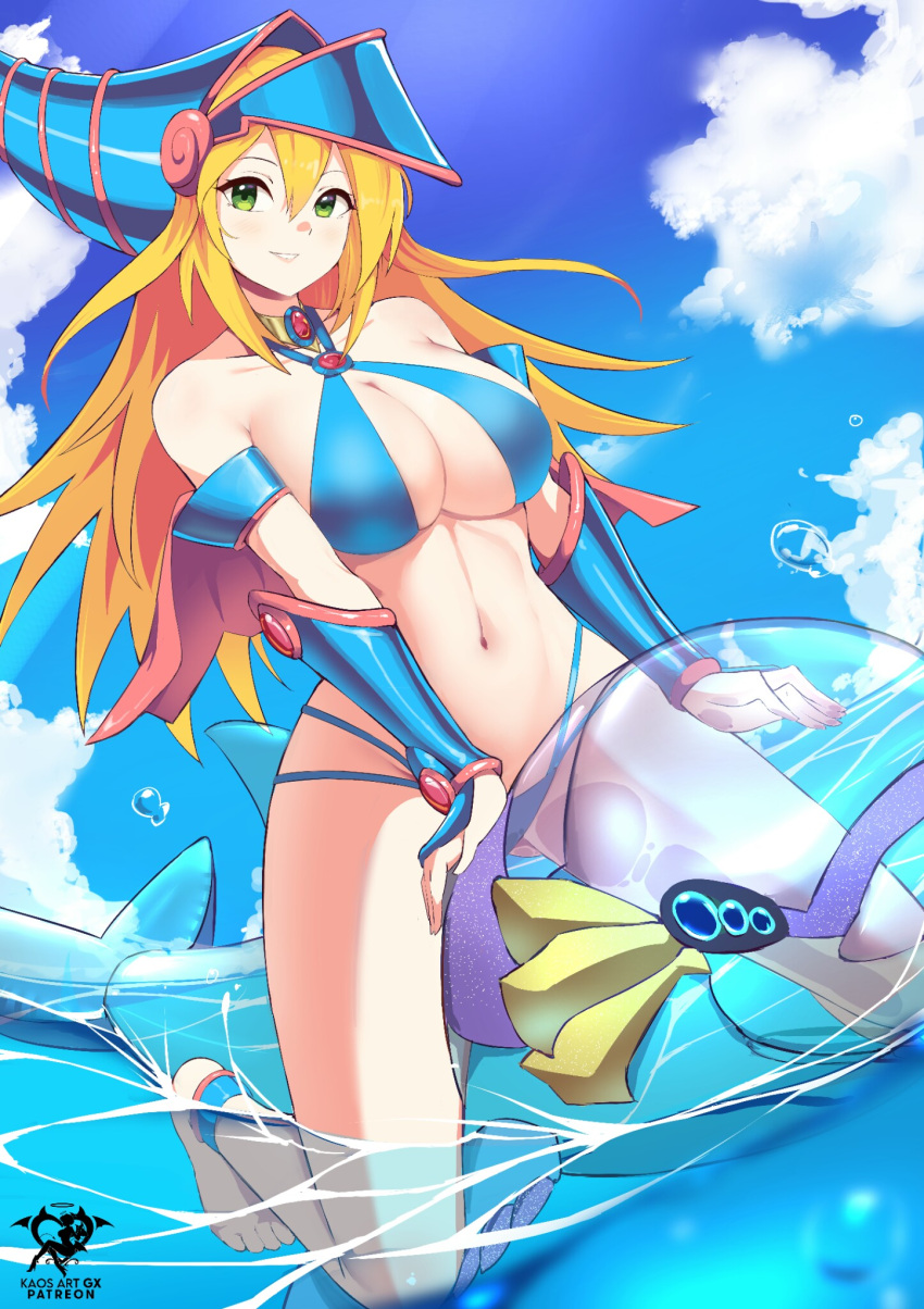 ankle_bracelets ankle_cuffs bikini bikini_bottom bikini_top blonde_hair blue_bikini blue_bikini_bottom blue_bikini_top blue_bracelets blue_hat bracelet brooch cleavage dark_magician_girl duel_monster floaty floaty_tube gem gemstone gloves green_eyes hat long_hair pointy_hat red_gem red_gemstone seaside shoulder_pads sleeve_gloves sling_bikini_top water yu-gi-oh!