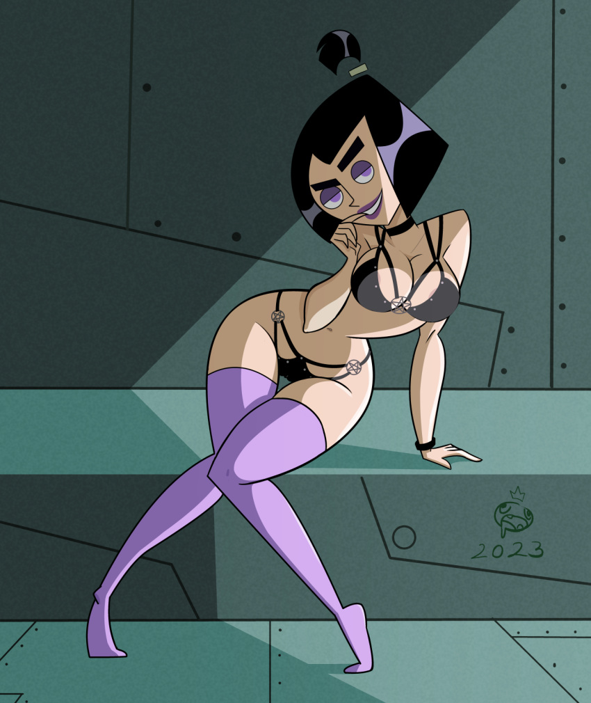 1girls 2023 alternate_version_available big_breasts black_hair choker curvy curvy_body curvy_female curvy_figure danny_phantom female female_focus female_only goth goth_girl hourglass_figure light-skinned_female light_skin looking_at_viewer nickelodeon pentagram_lingerie purple_eyes purple_lipstick purple_stockings sam_manson stockings tlajolote_(artist)