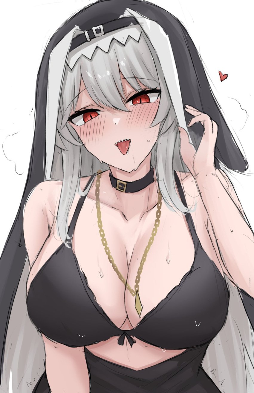 1girls arknights bikini bikini_top blush choker female female_focus female_only gold_jewelry huge_breasts looking_at_viewer namikare necklace nun's_habit red_eyes sharp_teeth specter_(arknights) tagme teeth tongue tongue_out upper_body white_hair