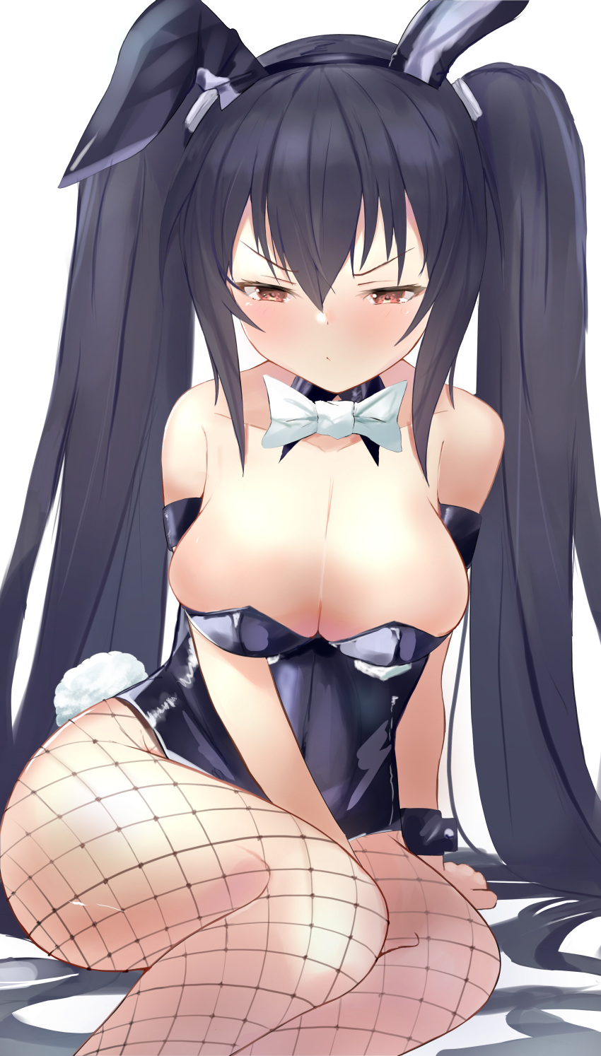 annoyed bare_shoulders bimmy black_hair blush breasts bunny_ears bunny_tail bunnysuit cleavage detached_collar fishnets front_view light-skinned_female long_hair looking_at_viewer neptunia_(series) noire red_eyes simple_background sitting solo squint twintails v-shaped_eyebrows