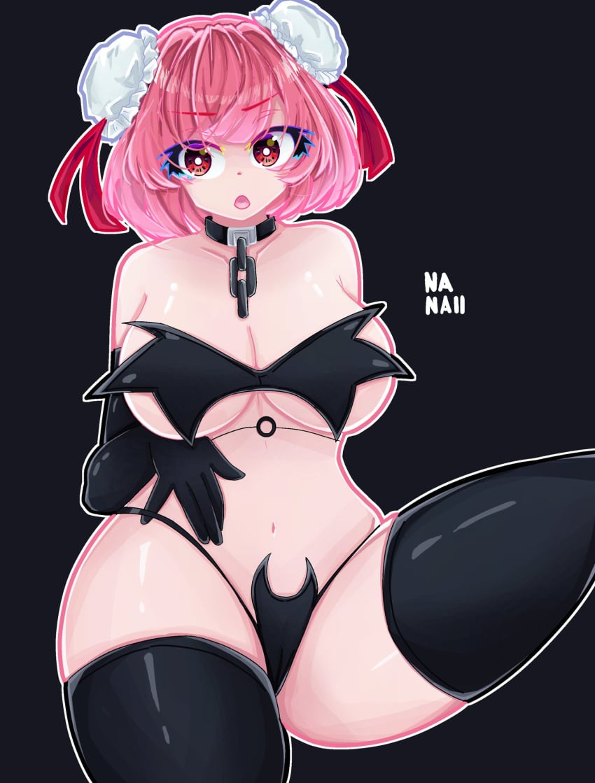 bikini bikini_bottom bikini_top black_bikini black_gloves black_stockings cleavage collar female female_only gloves kasen_ibaraki large_breasts long_gloves nanaii_desu pink_eyes pink_hair revealing_clothes sitting skimpy_clothes small_bra stockings thighhighs touhou