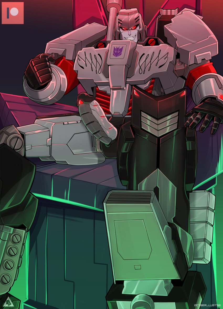 1boy 2021 5_fingers bara black_body chains cyber_lust56 decepticon dominant_male gay green_light grey_body holding_chain humanoid machine megatron metal_penis metallic_body patreon patreon_logo raised_foot red_eyes red_light red_lipstick robot robot_humanoid smiling smiling_at_viewer solo_male spread_legs tagme thick_penis throne transformers transformers_prime yaoi