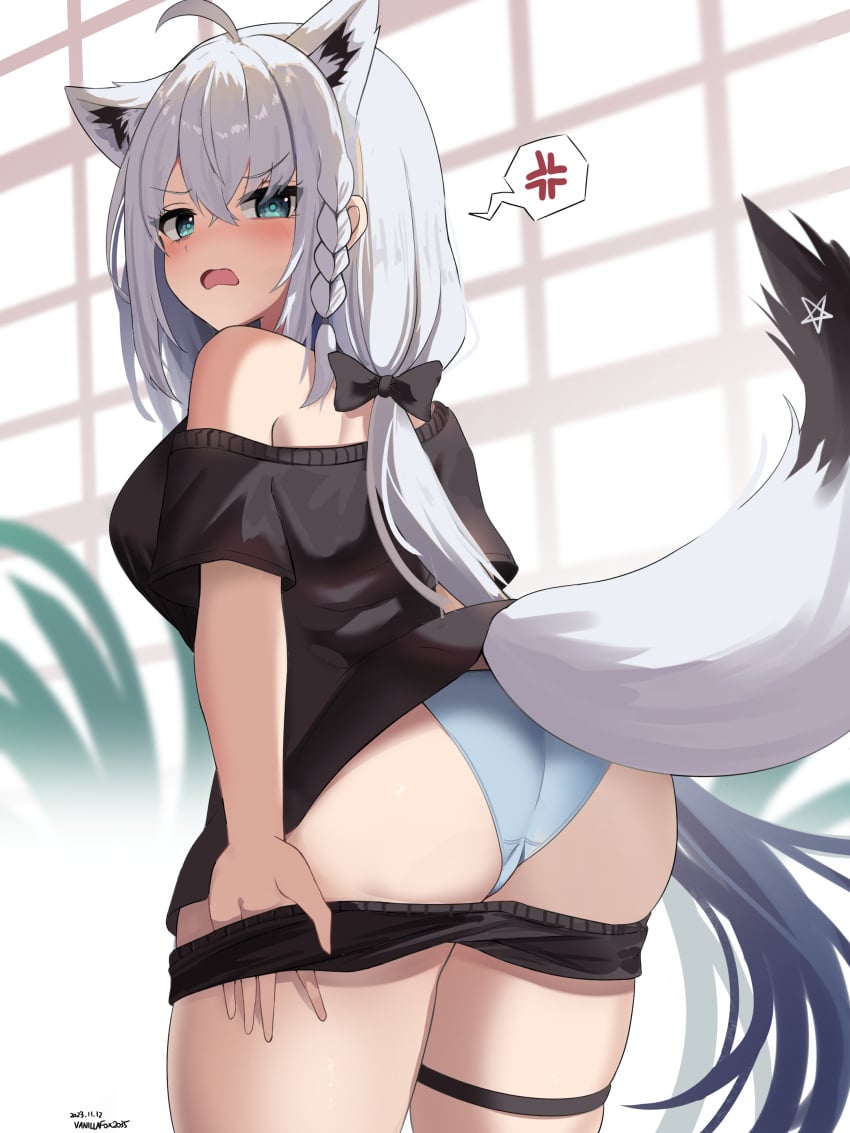 1girls absurdres angry animal_ear_fluff animal_ears ass blush braid breasts cdog2035 commentary_request female female_only fox_ears fox_girl fox_tail highres hololive hololive_gamers hololive_gen_1 hololive_japan looking_at_viewer medium_breasts official_alternate_costume panties pentagram shirakami_fubuki shirakami_fubuki_(7th_costume) short_shorts shorts solo tail thighlet thighs underwear virtual_youtuber