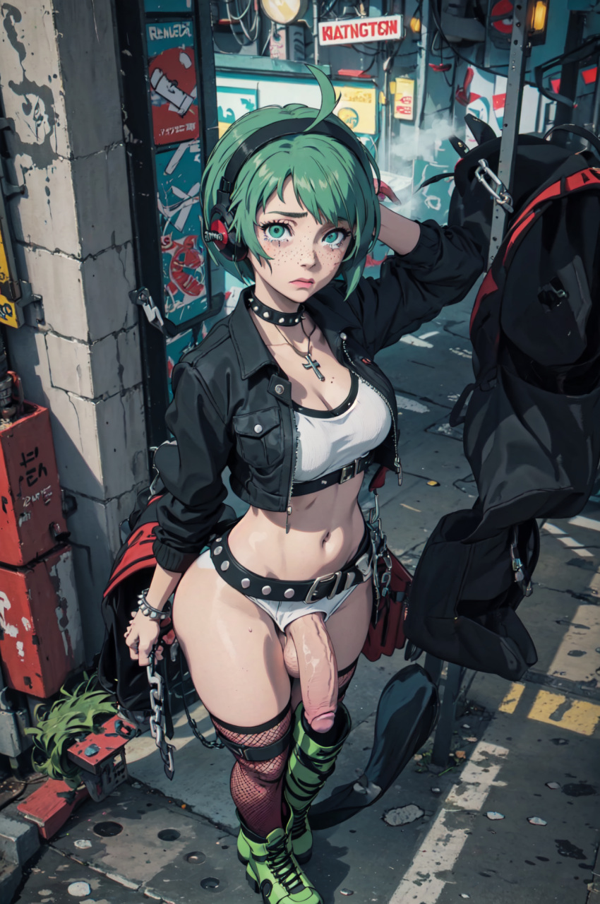 1futa ahoge ai_generated arm_behind_head balls bare_midriff belly belly_button belt big_cock big_penis black_choker black_jacket bracelet breasts chains choker cleavage_cutout clothing cock colored cropped_jacket cropped_shirt cross_necklace detailed_background dick exposed_midriff exposed_penis eyelashes fishnet_legwear fishnet_stockings fishnets freckles freckles_on_face futa_focus futa_only futanari glans goth goth_futa green_eyes green_hair green_shoes headphones high_resolution highres hung_futanari jacket lips looking_at_viewer mascara medium_breasts midriff navel nervous outside partially_clothed penis penis_out penis_through_fly pixai public public_exposure punk punk_girl shoes short_hair shy skimpy_clothes solo solo_focus solo_futa street studded_belt studded_bracelet studded_choker testicles thighs uncensored urban veiny_penis white_tank_top zipper