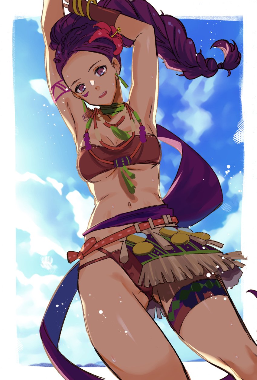 1girls adapted_costume alternate_costume arm_tattoo ass_visible_through_thighs bare_thighs bikini border braid braided_ponytail breasts brown_bikini dark_skin earrings facial_mark female female_only fire_emblem fire_emblem:_three_houses highres jewelry kh_(tanakananataka) long_hair looking_at_viewer medium_breasts navel nintendo open_mouth petra_macneary ponytail pre-timeskip purple_eyes purple_hair simple_background smile swimsuit tattoo thighs underboob white_border