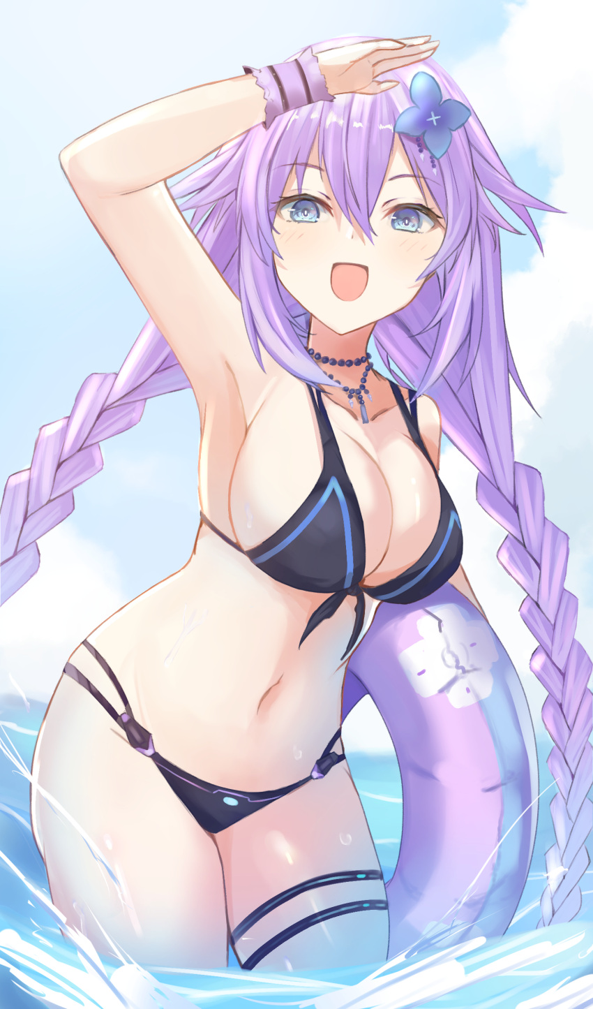 arm_up armpits beach big_breasts bikini bimmy blue_eyes blush cleavage flower_in_hair goddess light-skinned_female looking_at_viewer neptune_(neptunia) neptunia_(series) open_mouth purple_hair purple_heart_(neptunia) solo thigh_strap twin_braids water