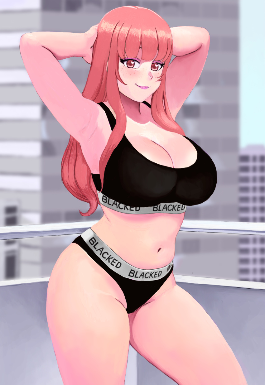 arms_behind_head blacked blacked_clothing candace_crush huge_breasts huniepop huniepop_2 light-skinned_female pale_skin pink_eyes pink_hair pink_nipples queen_of_spades wazu-san