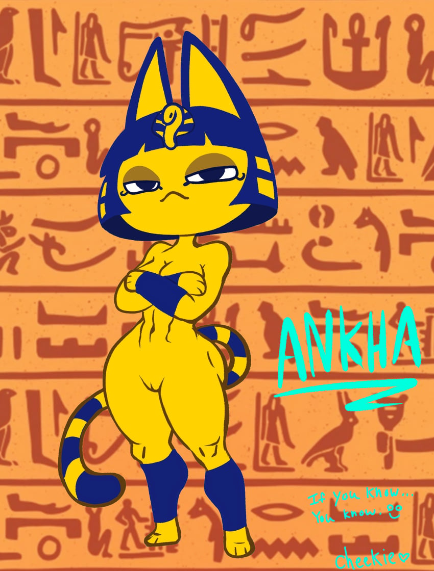 abs absurd_res animal_crossing ankha ankha_(animal_crossing) ankha_ride_(minus8) anthro blue_eyes blue_hair breasts cheekie cheekie0 crossed_arms domestic_cat egyptian_headdress eyelashes felid feline felis female fur furry genitals hair hi_res looking_at_viewer mammal markings navel nintendo nude pussy solo striped_markings striped_tail stripes tail tail_markings text thick_thighs wide_hips yellow_body yellow_fur