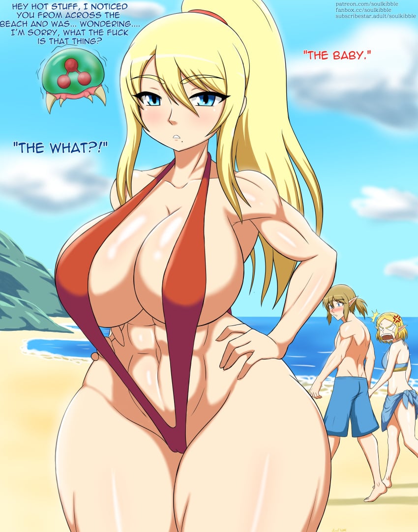 abs baby_(metroid) beach beauty_mark blonde_hair blue_eyes distracted_boyfriend large_breasts link link_(breath_of_the_wild) metroid metroid_(creature) muscle_girl muscular_arms muscular_thighs ponytail princess_zelda samus_aran sling_bikini soulkibble tears_of_the_kingdom the_legend_of_zelda zelda_(tears_of_the_kingdom) zero_suit_samus