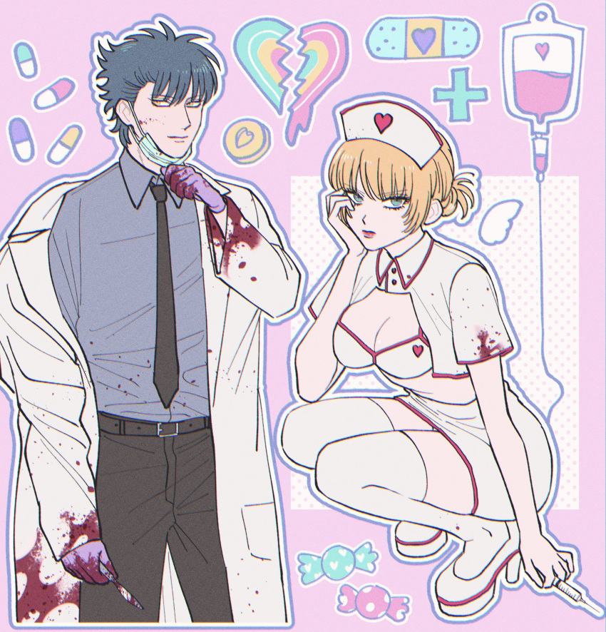 1boy 1girls alternate_costume blonde_hair blood blood_stain blue_eyes chi_c_lov cleavage crouching doctor female full_body gintama halloween halloween_costume high_heels kawakami_bansai kijima_matako male miniskirt nurse nurse_cap nurse_uniform skirt syringe thighhighs tied_hair white_legwear white_thighhighs zettai_ryouiki