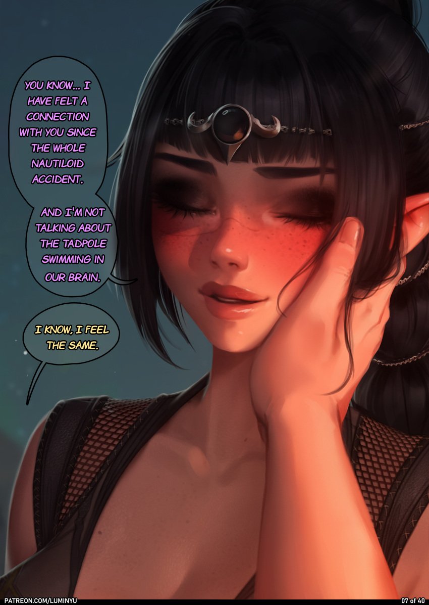 1boy 1boy1girl 1girls 2023 absurd_res absurdres artist_name baldur's_gate baldur's_gate_3 black_hair blush blushing_at_viewer circlet clothed clothing comic comic_page comic_panel cute dialogue dungeons_and_dragons ear_blush elf elf_ears elf_female elf_girl english english_dialogue english_text eyelashes eyeshadow female female_focus forgotten_realms freckles green_eyes gumroad hair hair_ornament half_elf hand_on_face hand_on_head high_resolution long_hair looking_at_viewer luminyu makeup medium_breasts mini_comic narration page_7 page_number panels part_7 part_of_a_set patreon patreon_reward patreon_username pointy_ears pov pov_eye_contact roleplay romantic romantic_ambiance romantic_couple shadowheart story tagme tav_(baldur's_gate) text text_bubble thought_bubble uncensored very_high_resolution very_long_hair wholesome